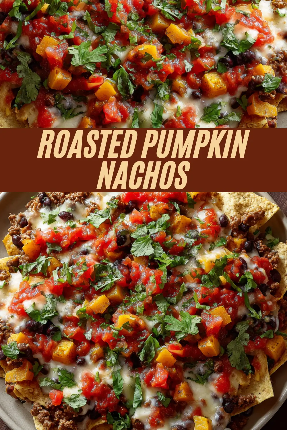 Roasted pumpkin nachos with melted cheese, black beans, salsa, and fresh cilantro on tortilla chips.