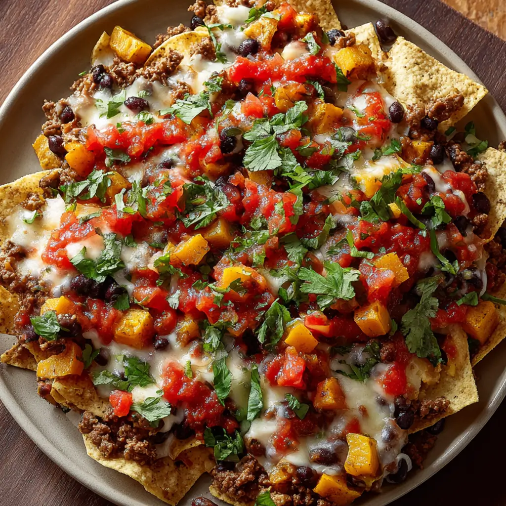 Roasted pumpkin nachos topped with melted cheese, black beans, salsa, and fresh cilantro.