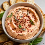 Creamy roasted red pepper dip topped with herbs and chili flakes, served with crostini.