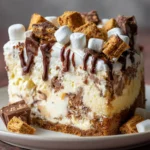 Rocky road cheesecake pudding with marshmallows, chocolate ganache, and cookie chunks for a decadent dessert