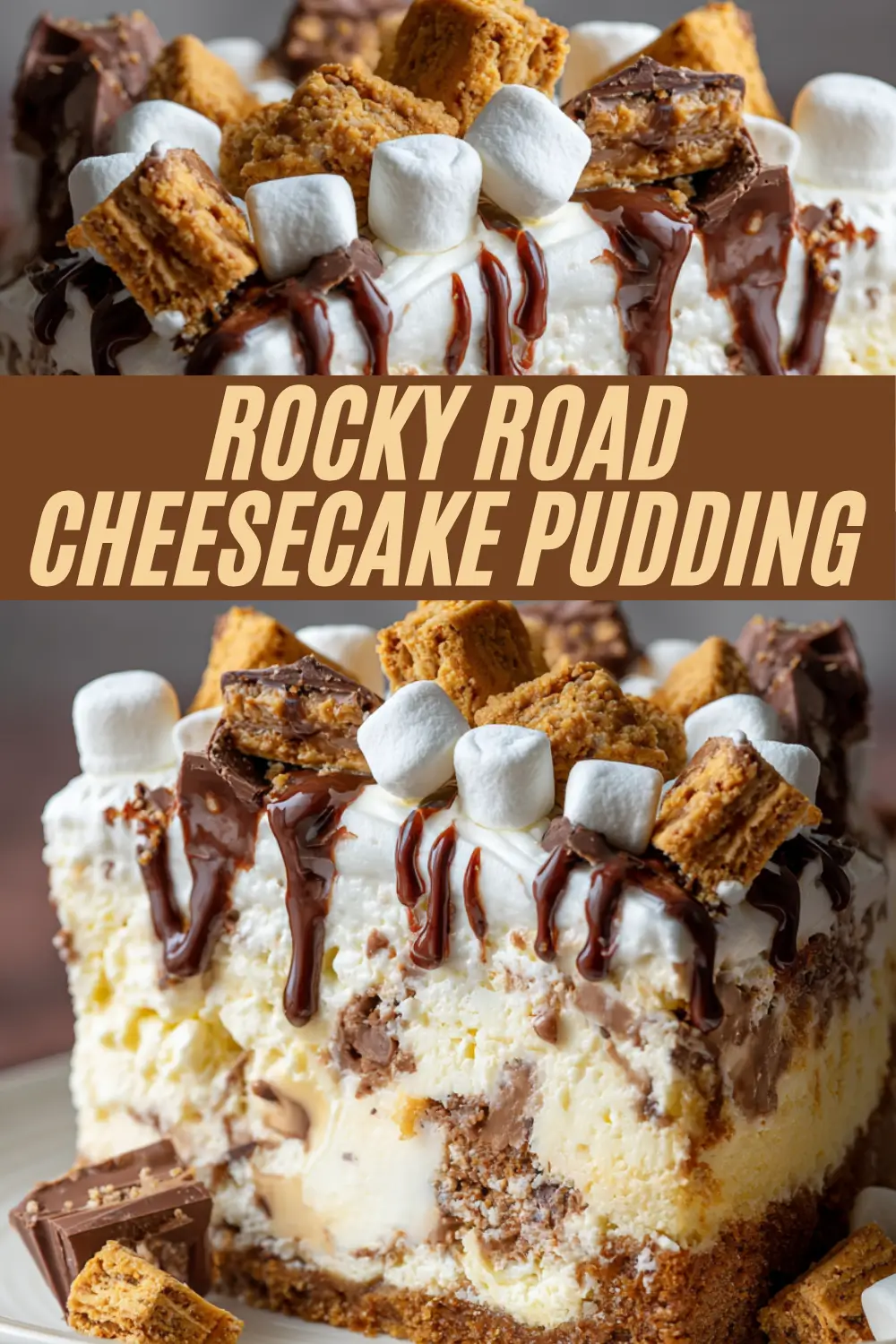 Rocky road cheesecake pudding dessert topped with marshmallows, cookie bites, and chocolate ganache