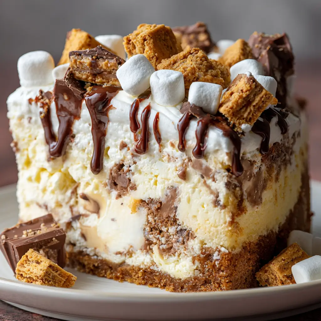Rocky road cheesecake pudding with marshmallows, chocolate ganache, and cookie chunks for a decadent dessert