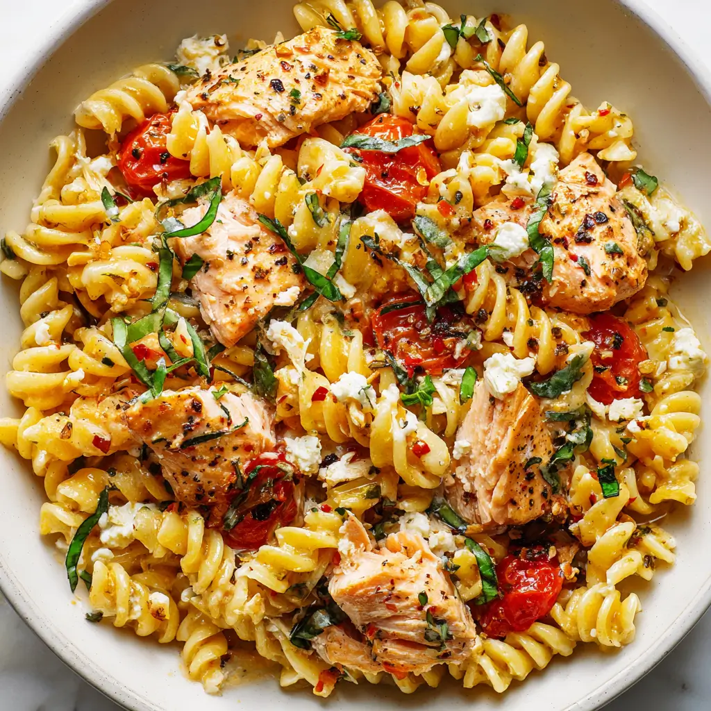 Rotini pasta with salmon, feta, tomatoes, and basil, seen from a top-down view.