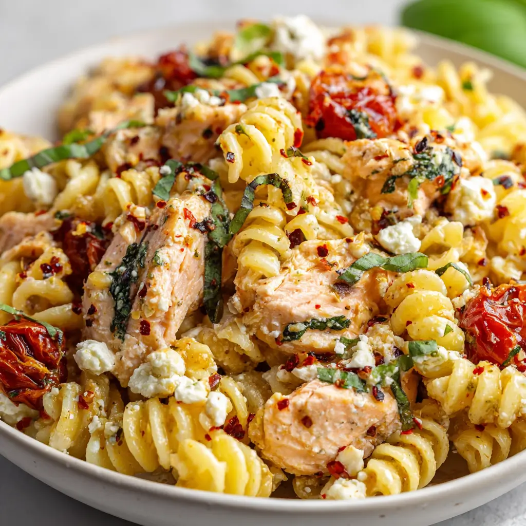 Creamy rotini pasta with salmon, feta cheese, sun-dried tomatoes, and fresh basil.