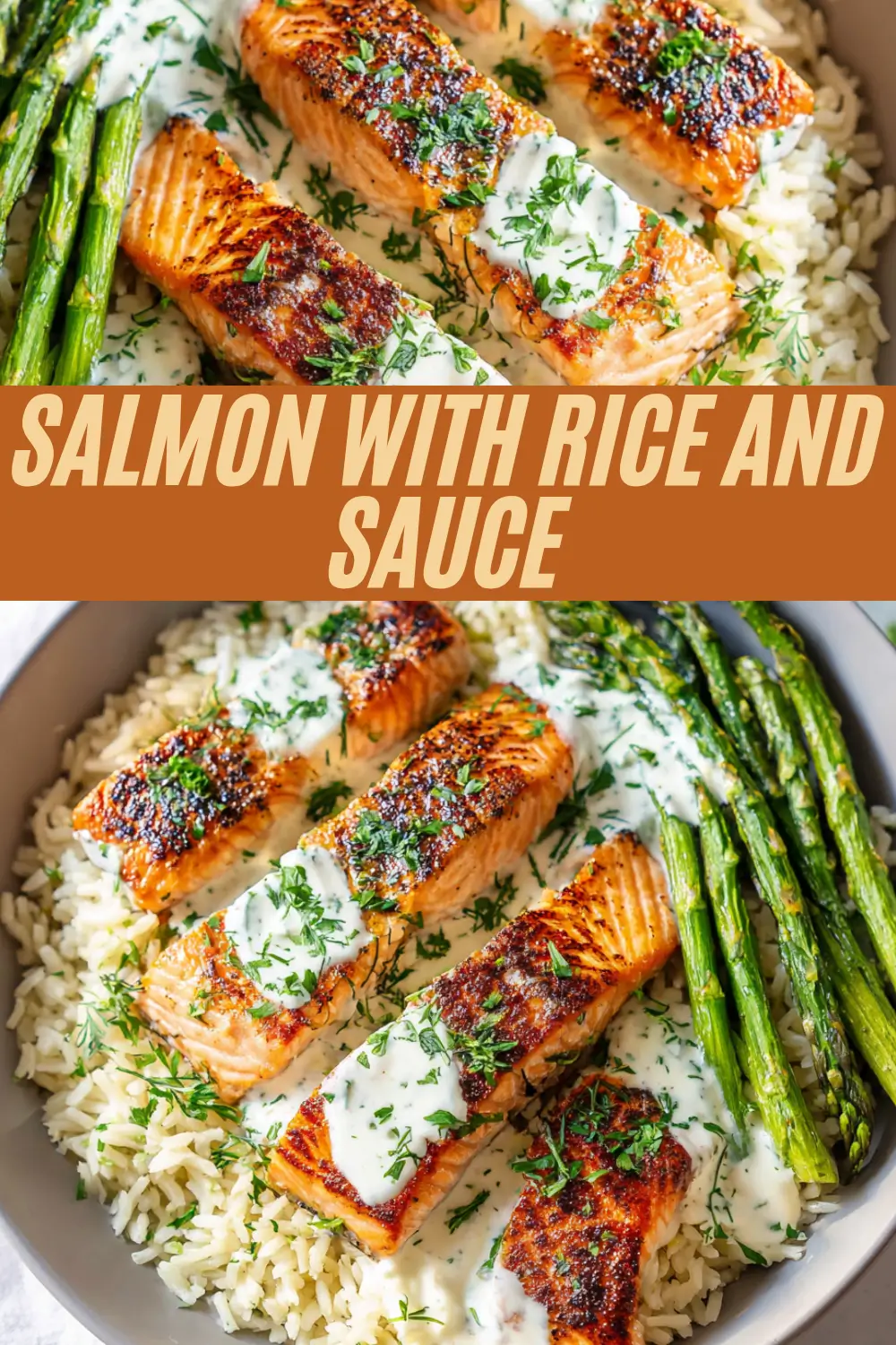 Herb-crusted salmon fillets on rice with creamy sauce and roasted asparagus