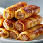 Golden-brown French toast roll-ups filled with savory sausage links.