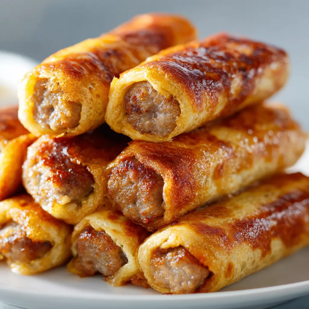 Golden-brown French toast roll-ups filled with savory sausage links.