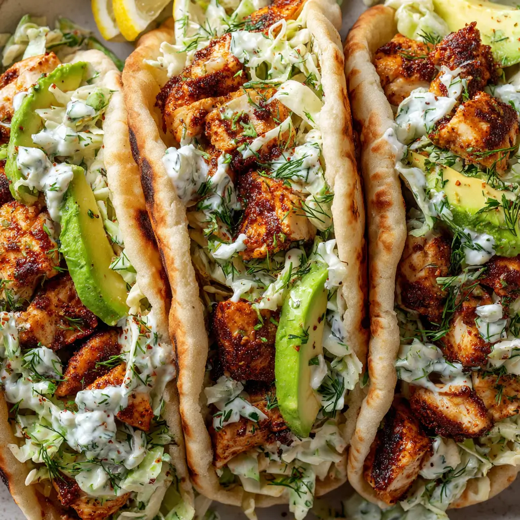 Spiced chicken pita sandwiches with creamy slaw, avocado, and fresh dill in flatbread