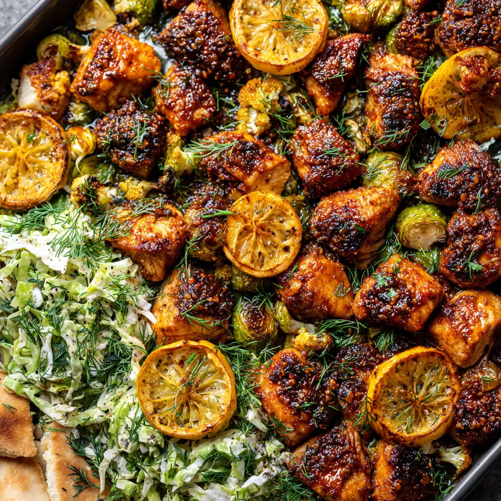 Roasted spiced chicken with caramelized lemons, fresh dill, and shredded cabbage on a sheet pan