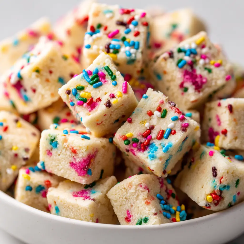Colorful mini sugar cookie bites with rainbow sprinkles.