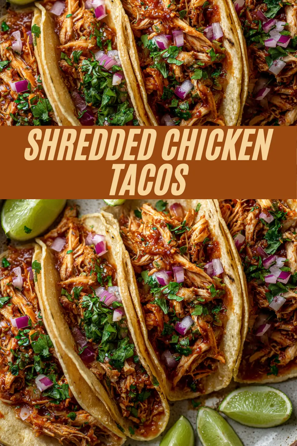 Shredded chicken tacos served with cilantro, red onion, and lime wedges