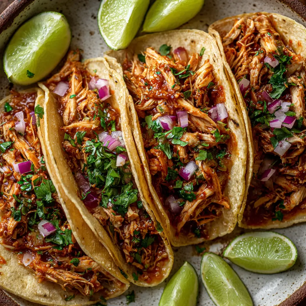 Shredded chicken tacos with red sauce, onion, cilantro, and lime wedges