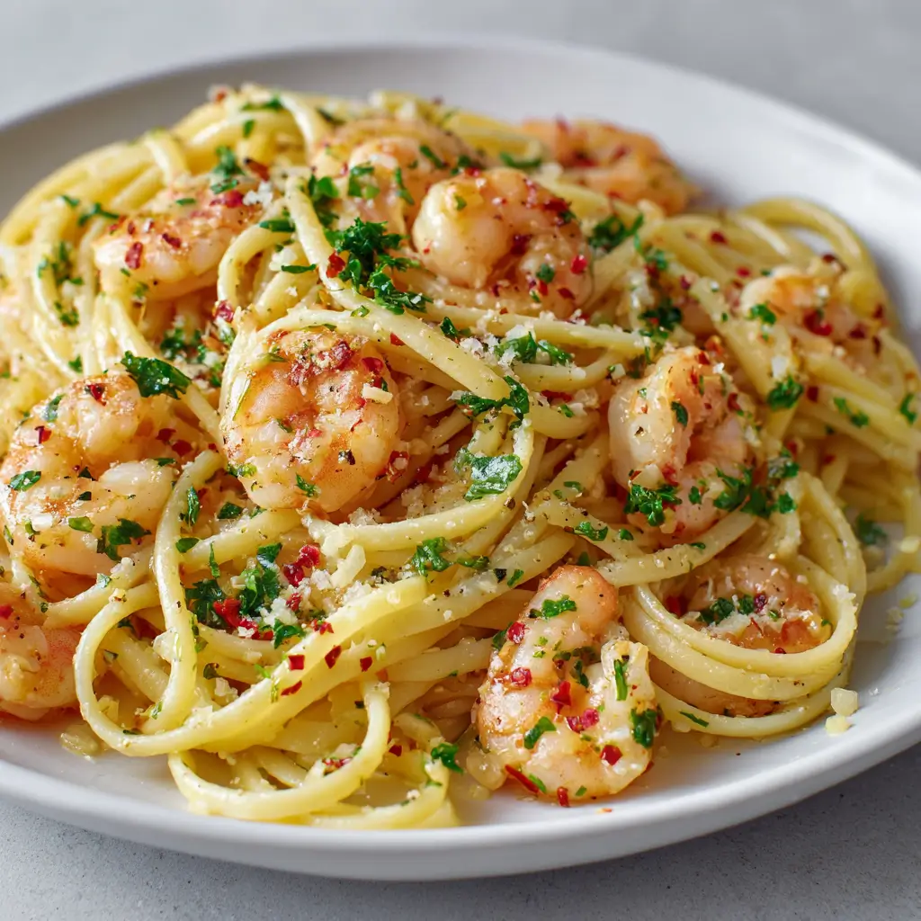 Shrimp scampi pasta with garlic butter, parsley, parmesan, and red chili flakes