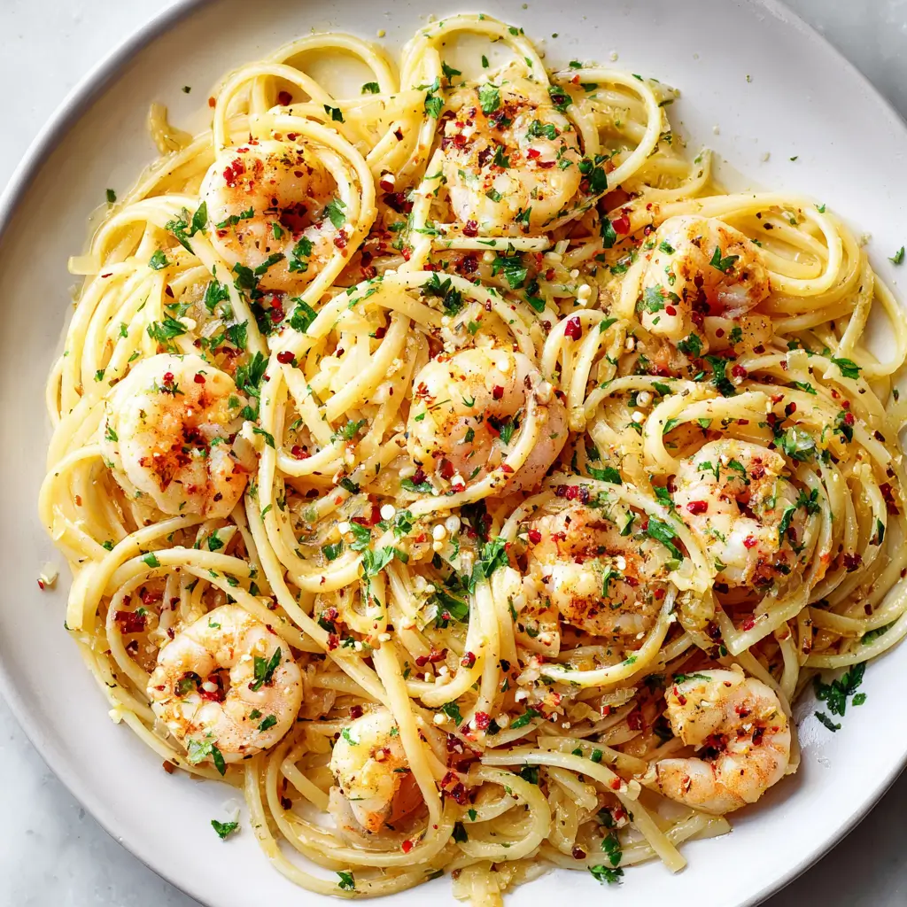Shrimp scampi pasta with linguine, garlic butter, parsley, and red pepper flakes