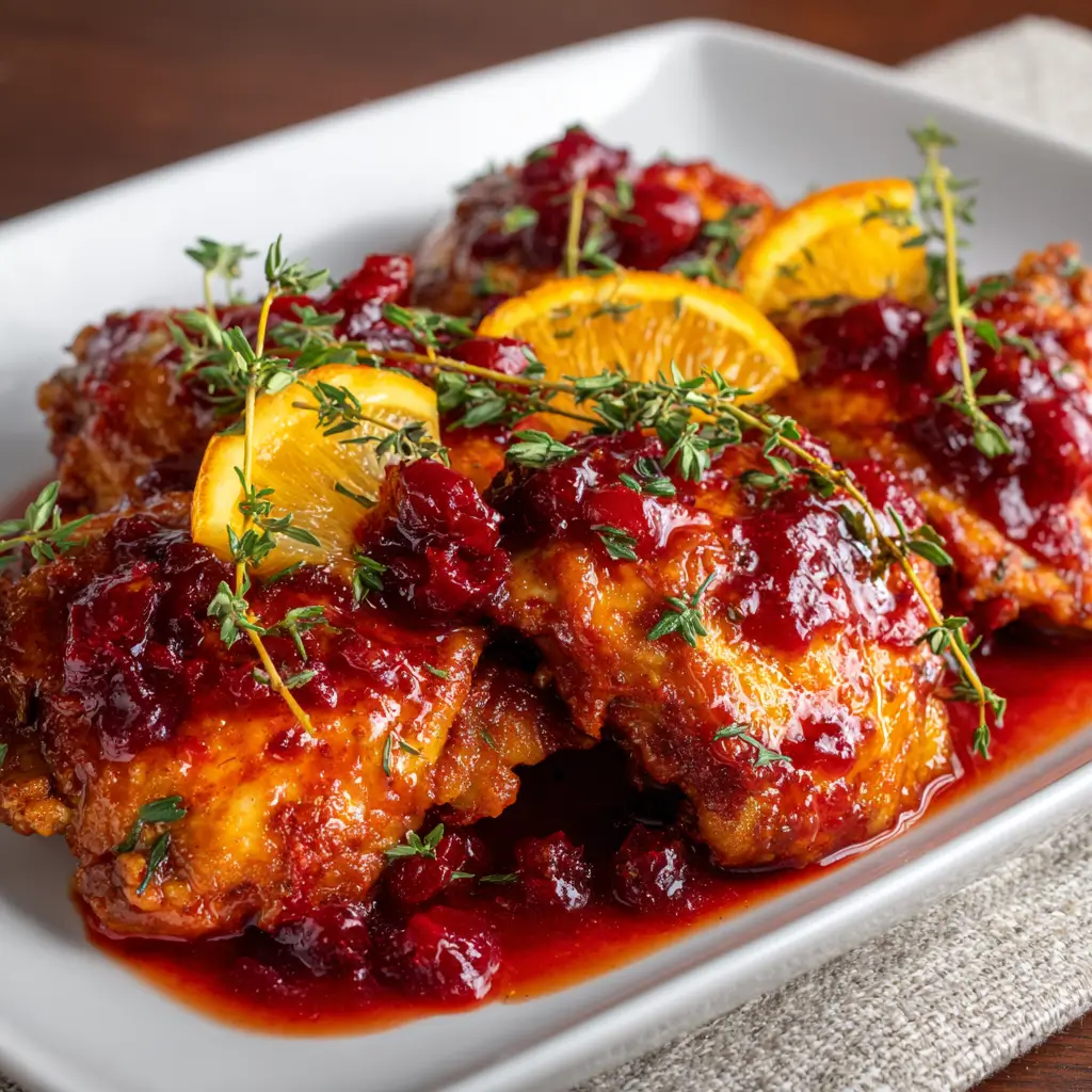 Chicken baked in tangy cranberry orange sauce, garnished with orange slices and fresh thyme.