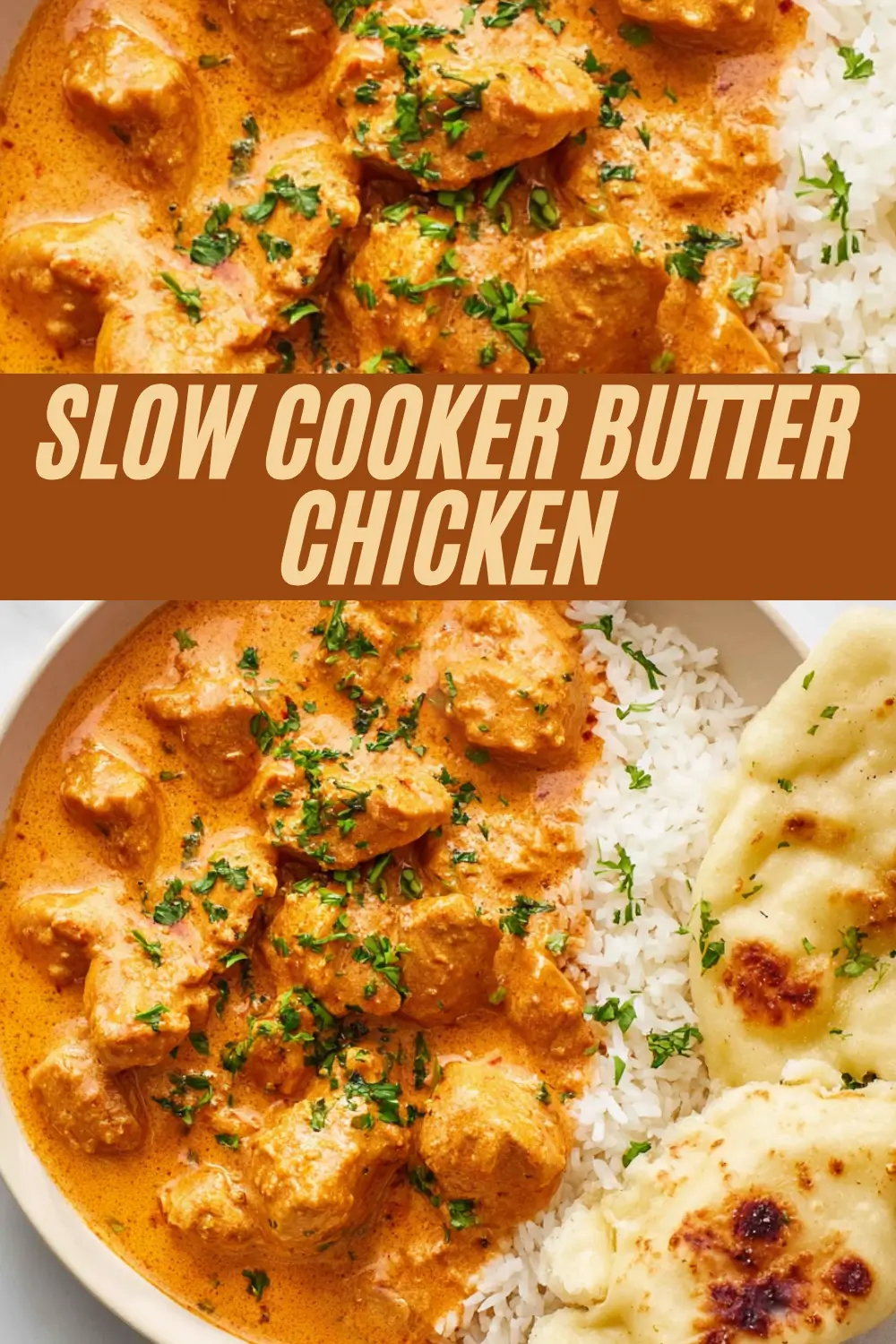 Slow cooker butter chicken with creamy tomato sauce, white rice, and naan