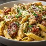 Creamy Cajun chicken Alfredo pasta with grilled sausage and chicken, topped with parsley and parmesan.