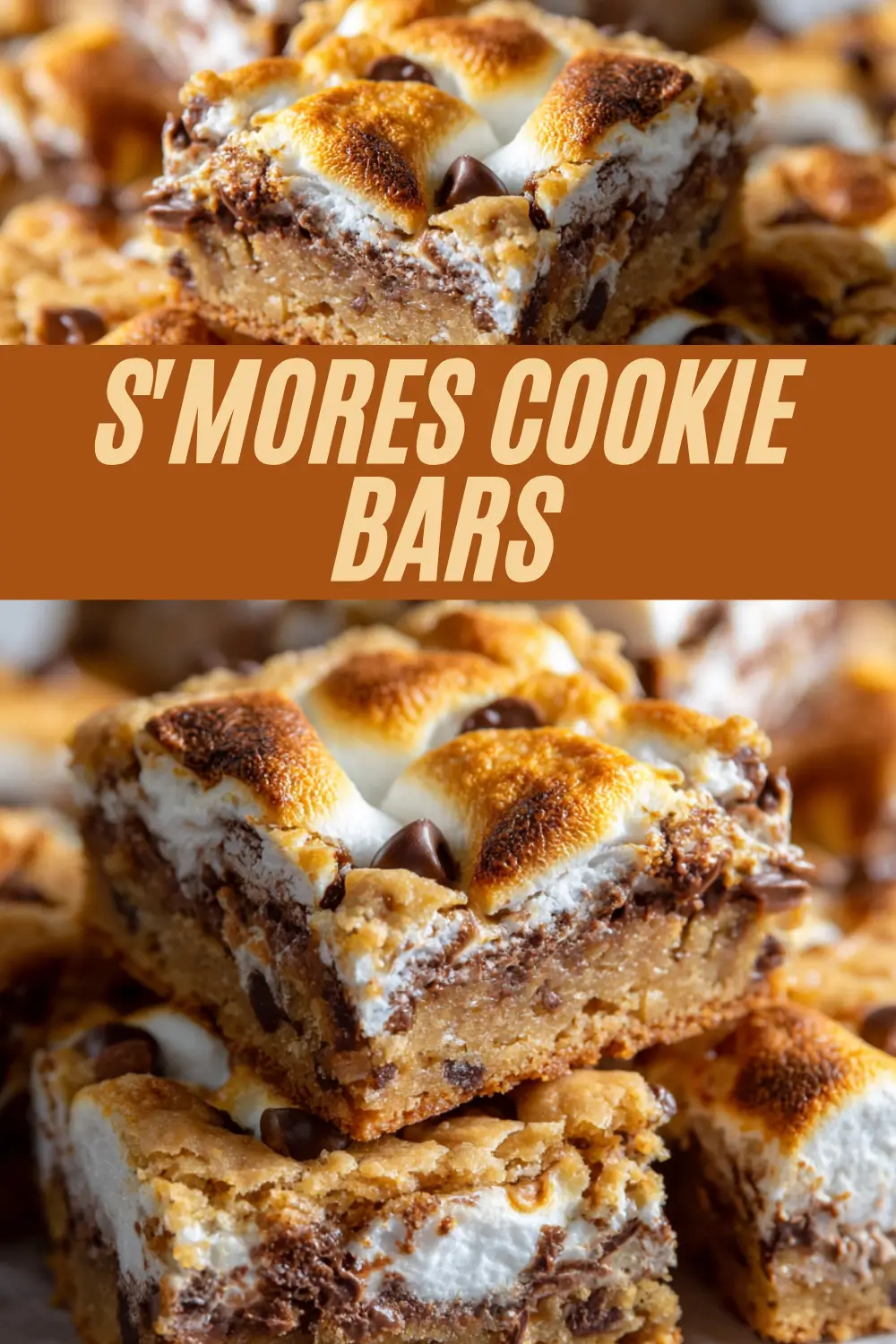 Chewy cookie bars with chocolate chips and toasted marshmallows.