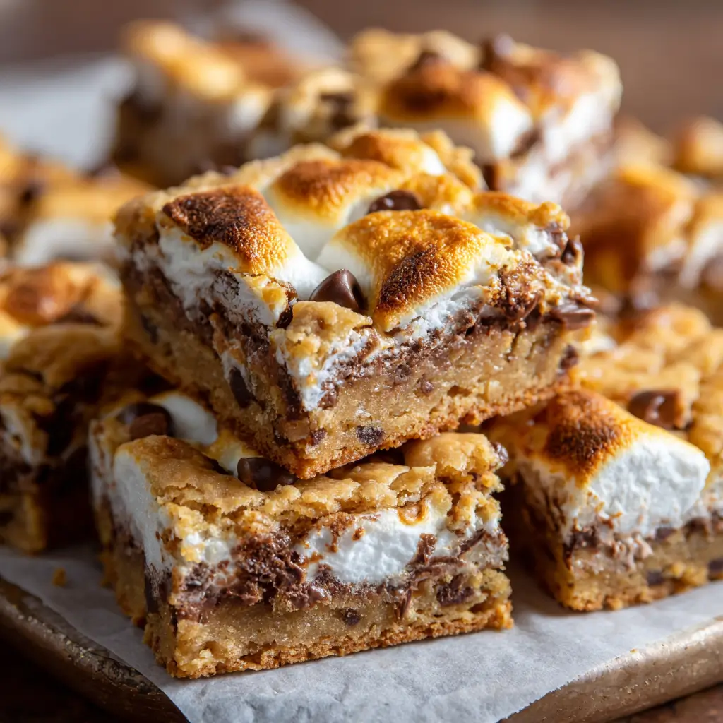 Thick cookie bars with toasted marshmallows and chocolate chips on top.