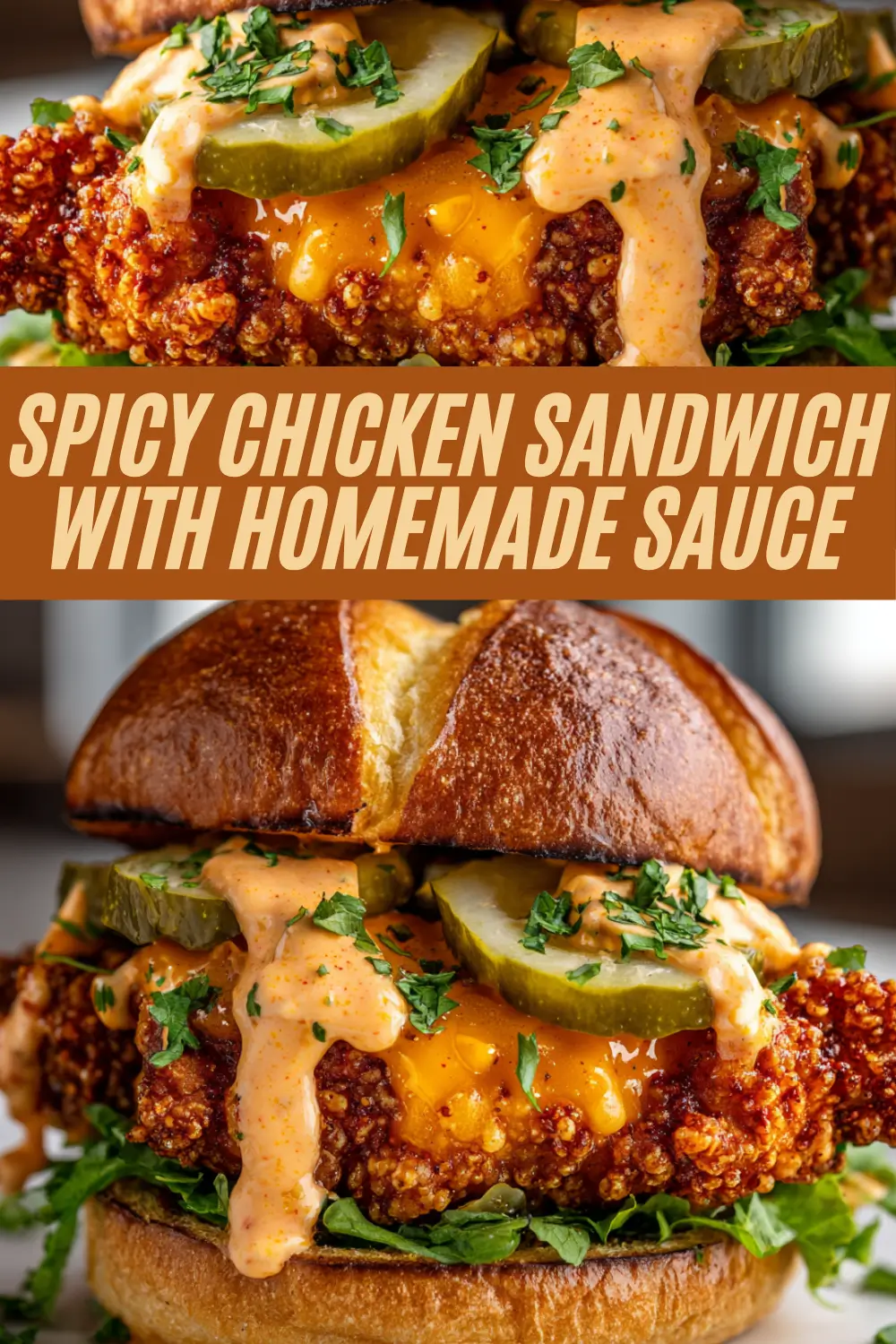 Ultra-crispy spicy chicken sandwich topped with cheddar, homemade orange sauce, dill pickles, fresh greens, and parsley on a toasted golden bun, with a large recipe title banner.