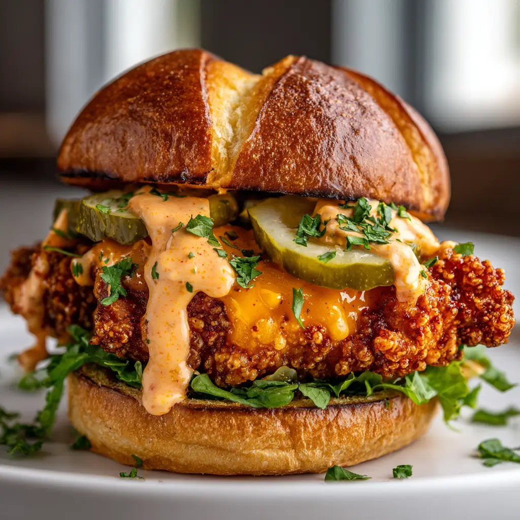 Crispy spicy chicken sandwich on a toasted brioche bun, topped with sliced pickles, melted cheddar cheese, fresh greens, and creamy homemade spicy sauce, garnished with chopped parsley.