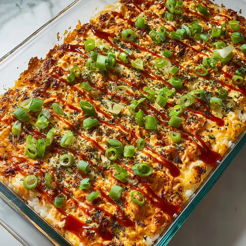 Spicy salmon sushi bake casserole topped with sriracha drizzle, scallions, and nori in a glass dish