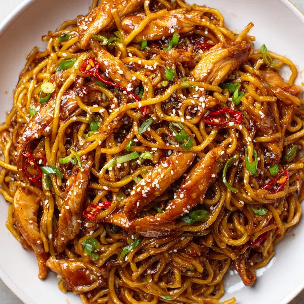 Overhead close-up of sticky garlic chicken noodles, featuring glossy, sauce-coated noodles and sliced tender chicken, garnished with sesame seeds, green onions, and sliced red chilies.
