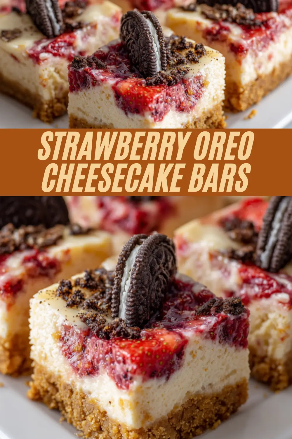 Sliced strawberry swirled cheesecake bars with Oreo cookie crust and Oreo garnish.