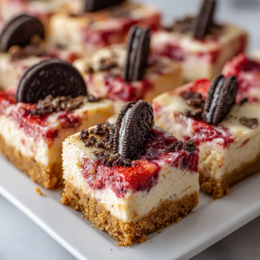 Creamy cheesecake bars with strawberry swirl, golden crust, and Oreo cookie garnish.