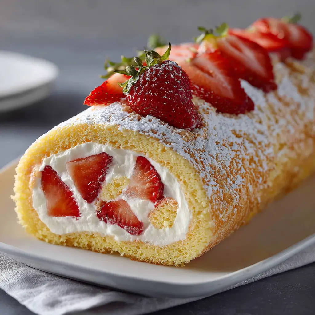 Light sponge cake roll filled with fresh whipped cream and strawberries, topped with powdered sugar and sliced strawberries.