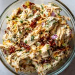 Overhead view of a glass bowl filled with shredded chicken salad, featuring visible flecks of sun-dried tomatoes, chopped green onions, celery, red onion, and creamy dressing.
