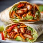 Sweet chili chicken wraps filled with crispy chicken, lettuce, carrots, and peppers in a flour tortilla