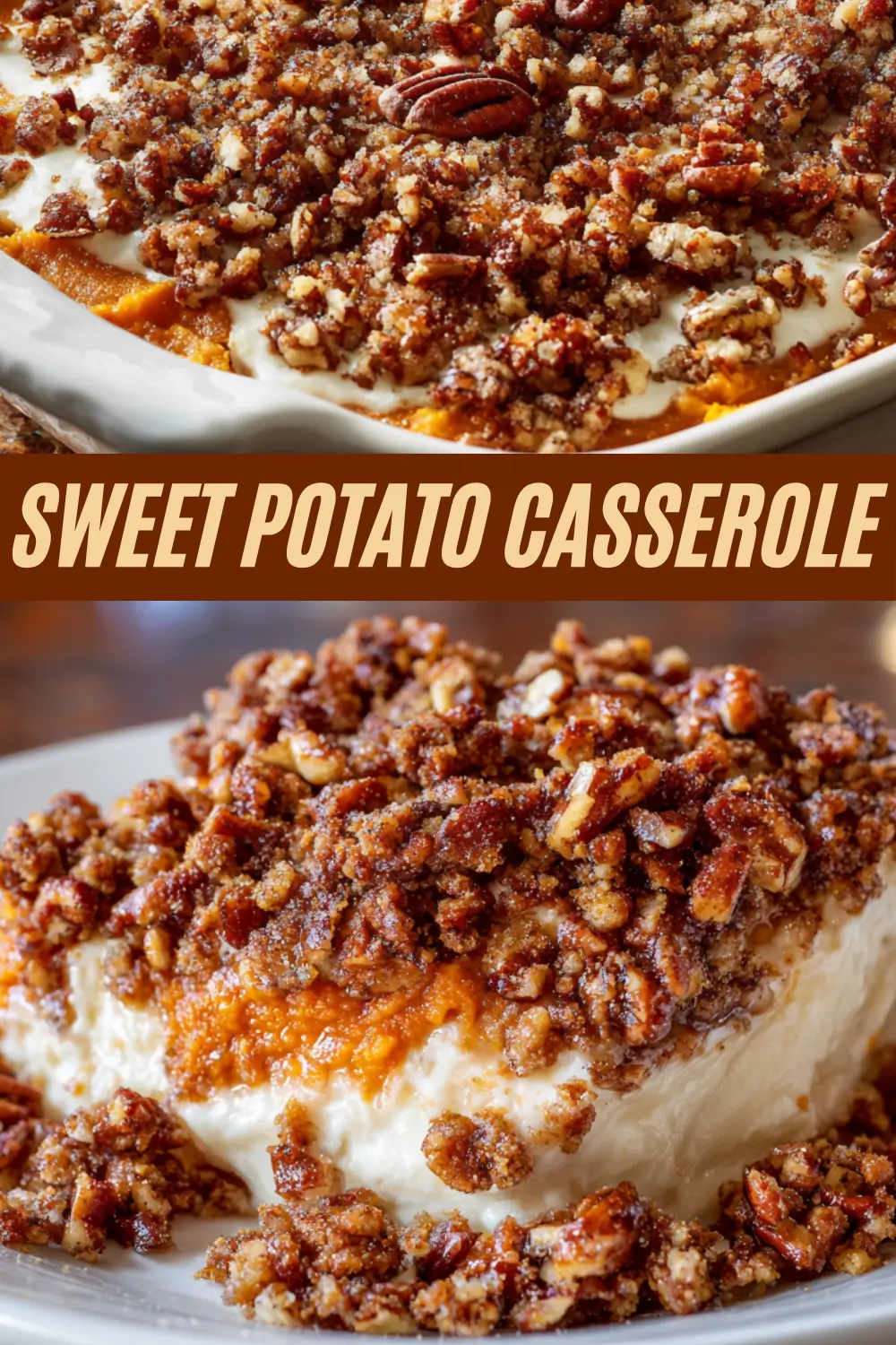 Baked sweet potato casserole topped with golden-brown pecan streusel in a ceramic dish