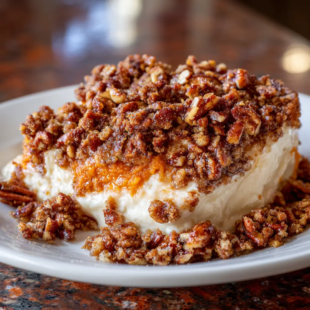 Creamy sweet potato casserole topped with a crunchy toasted pecan crumble on a white plate