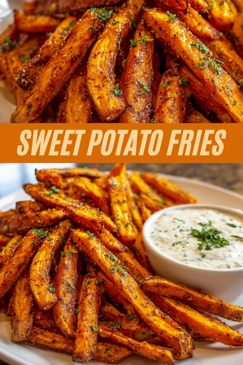 Crispy sweet potato fries garnished with fresh herbs shown close-up and presented with a creamy dipping sauce