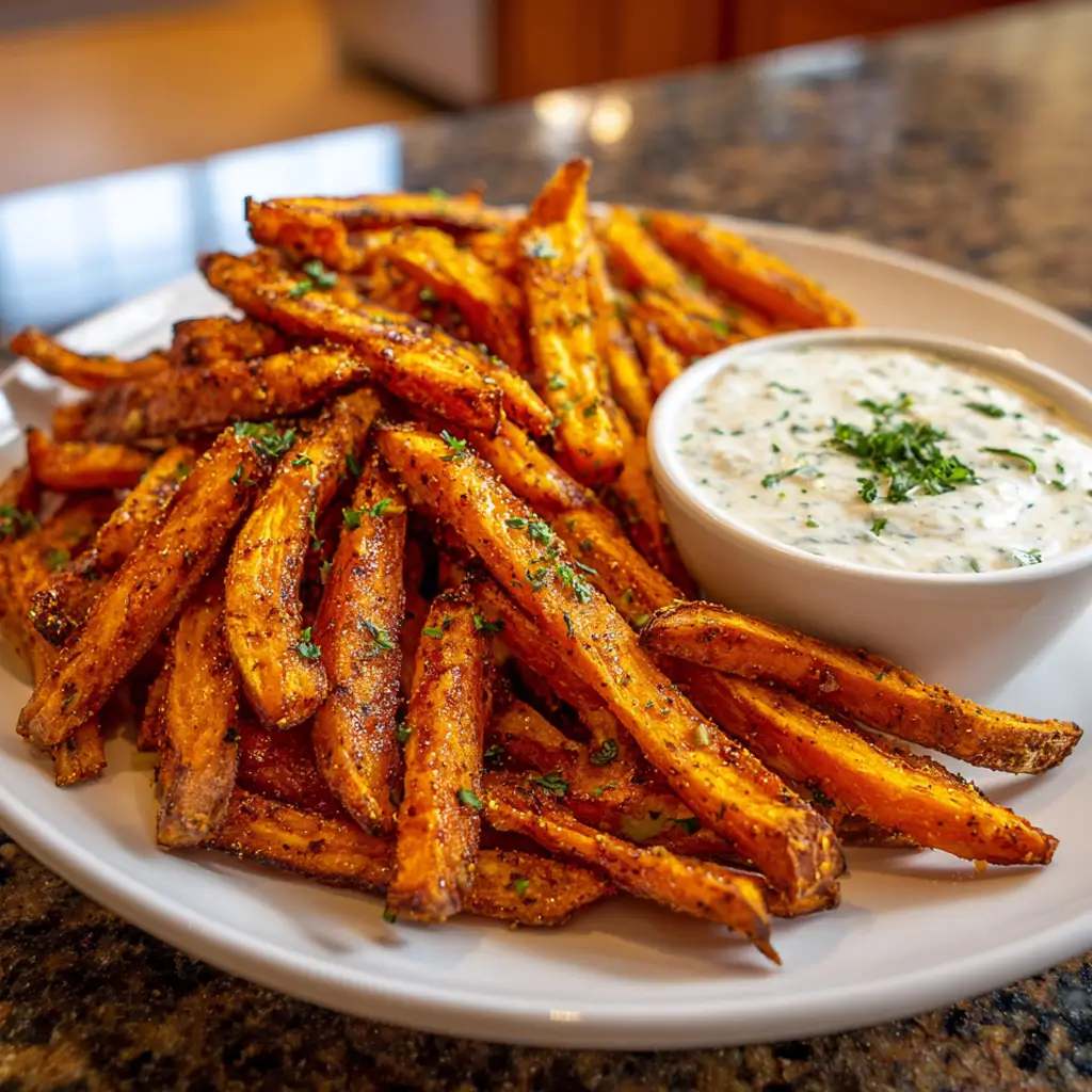 Crispy sweet potato fries sprinkled with herbs served on a white plate with a bowl of creamy dipping sauce