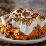 Individual Serving of Sweet Potato Pineapple Casserole with Toasted Marshmallows and Pecans