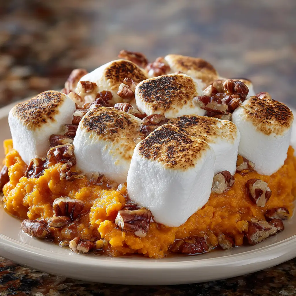Individual Serving of Sweet Potato Pineapple Casserole with Toasted Marshmallows and Pecans