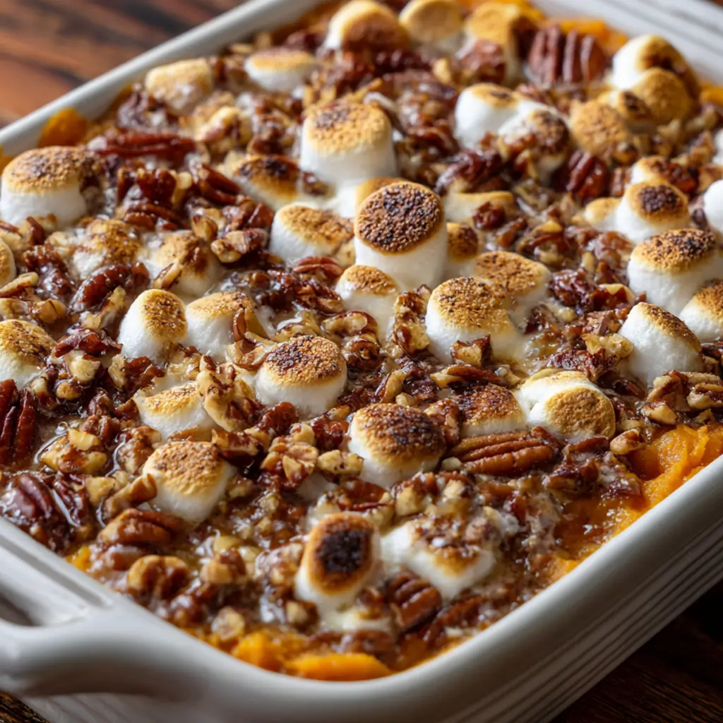 Sweet Potato Pineapple Casserole with Toasted Marshmallows and Pecans