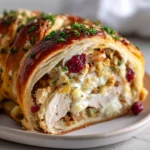 Close-up of a Turkey and Cranberry Crescent Ring, showing crisp golden-brown crescent dough wrapped around juicy turkey, savory stuffing, tart cranberries, and gooey melted cheese, all topped with fresh chopped herbs.