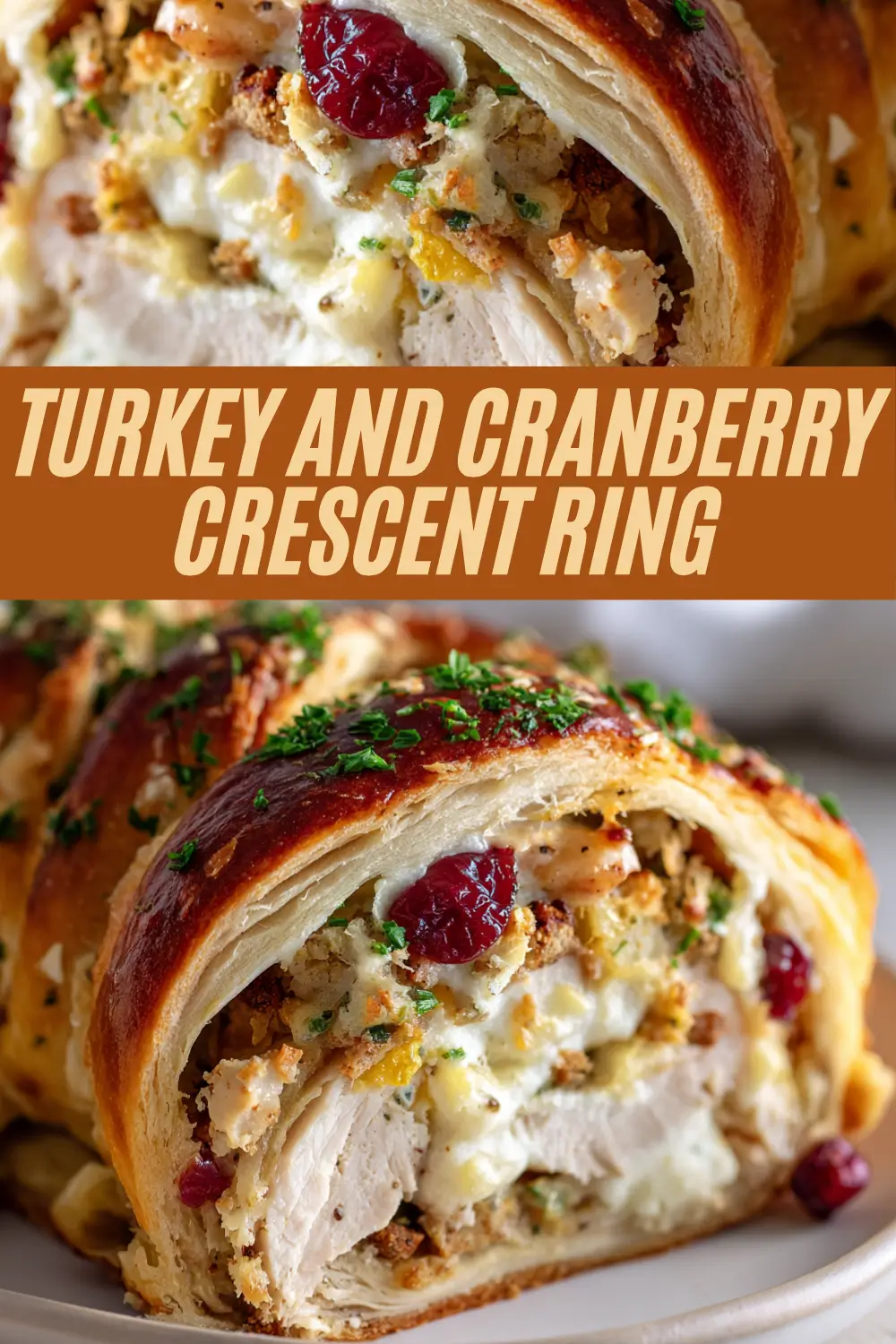 Turkey and Cranberry Crescent Ring, combining a closeup of the filling—flaky pastry, turkey, cranberries, and stuffing with a boldly contrasted title banner across the center, ideal for holiday recipe promotion.