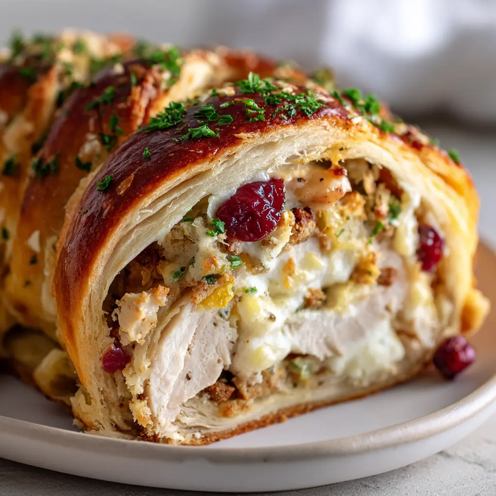 Close-up of a Turkey and Cranberry Crescent Ring, showing crisp golden-brown crescent dough wrapped around juicy turkey, savory stuffing, tart cranberries, and gooey melted cheese, all topped with fresh chopped herbs.