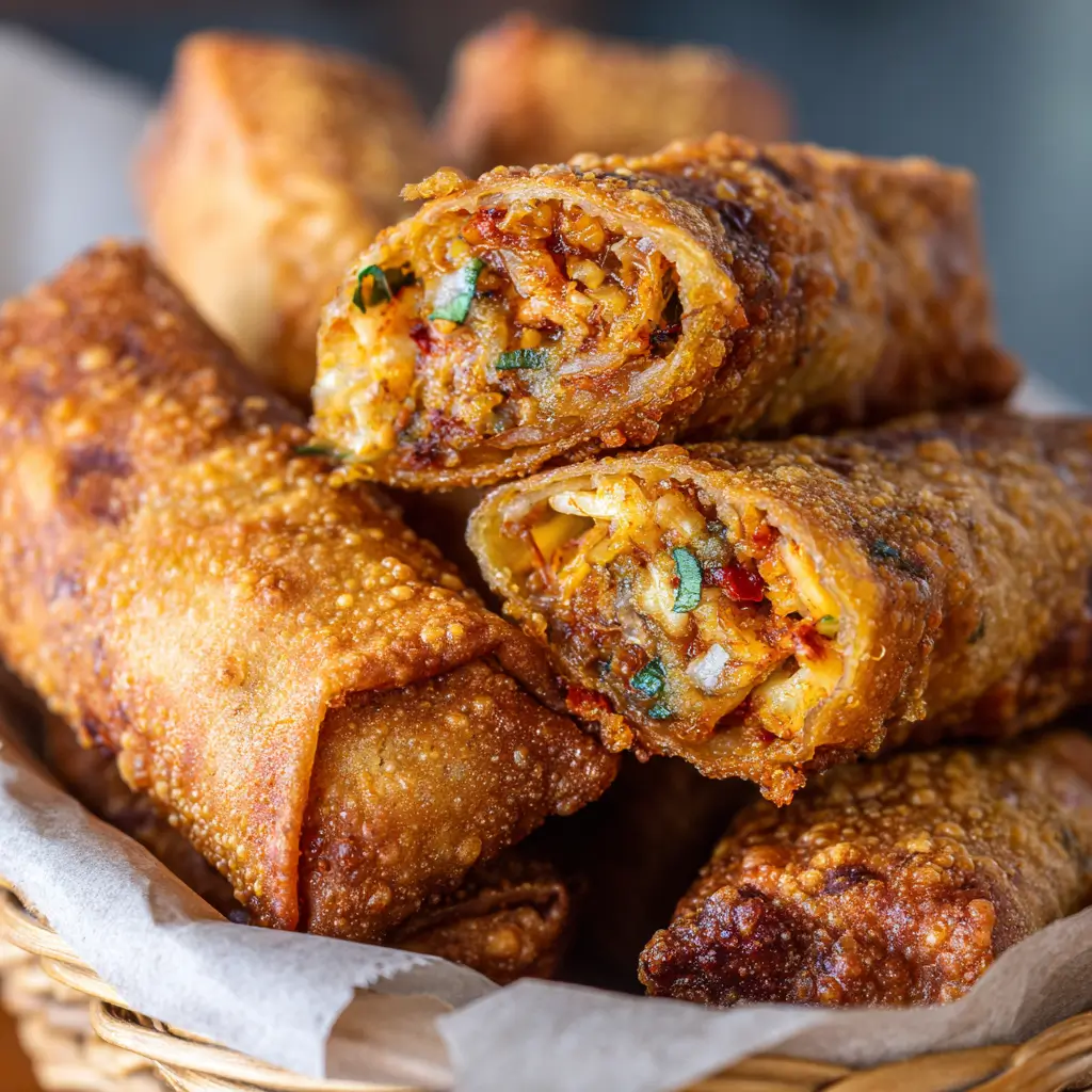 Crispy, golden-brown Voodoo Eggrolls stacked in a basket, with one eggroll cut open to reveal a spicy, saucy filling of seasoned meat, peppers, melted cheese, and fresh herbs.