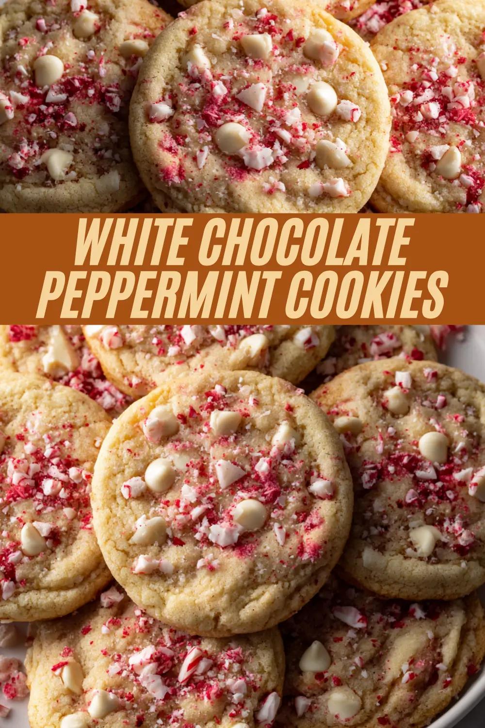 Chewy Christmas cookies with white chocolate chips and crushed peppermint topping.