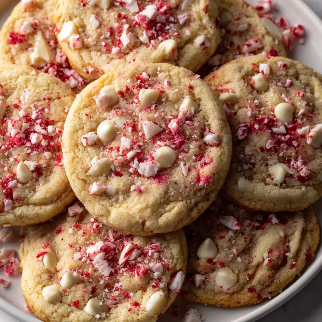 Soft-baked cookies topped with white chocolate chips and crushed peppermint candy.