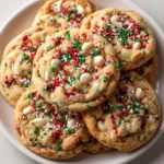 Plate of soft, chewy cookies topped with white chocolate chips and festive Christmas sprinkles in red, green, and white, arranged in a slightly overlapping stack.