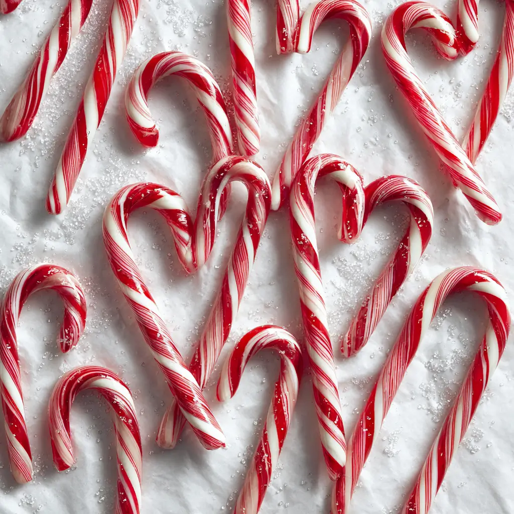 Multiple red and white striped candy canes spread across a white surface with crystalline sugar sprinkled around.