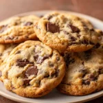 Homemade chocolate chip cookies with golden edges and gooey chocolate chunks stacked on a plate