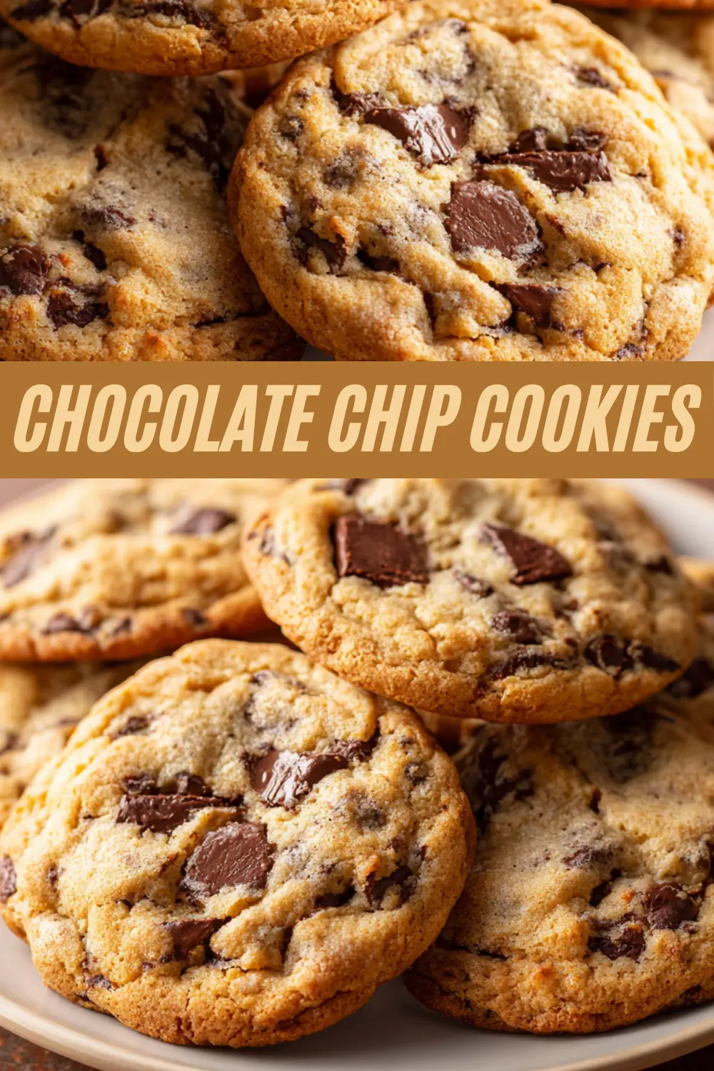 Stack of soft chocolate chip cookies filled with melted chocolate chunks on a plate, shown close-up