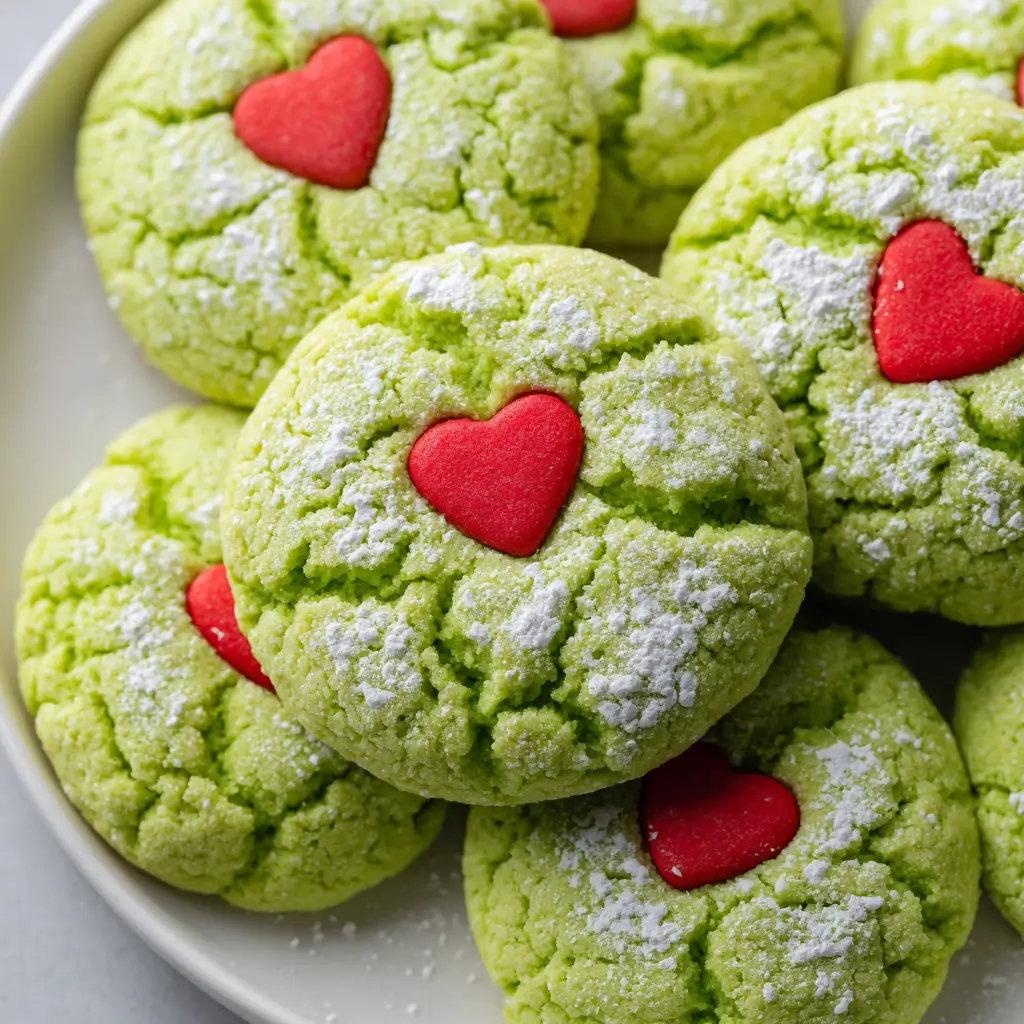 Bright green crinkle cookies with red heart candies and powdered sugar.